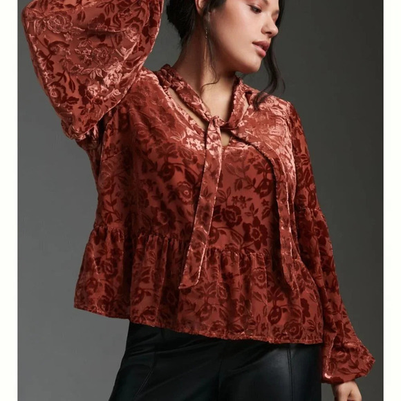 Women's By Anthropologie Velvet Tie-Neck Blouse.  Red Motif. Size Medium - Picture 2 of 11